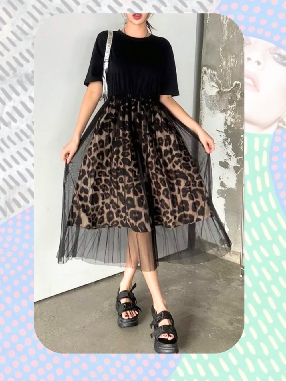 🎉DAZY Black Tulle Overlay Short Sleeve Leopard Print Midi Dress - Picture 8 of 16